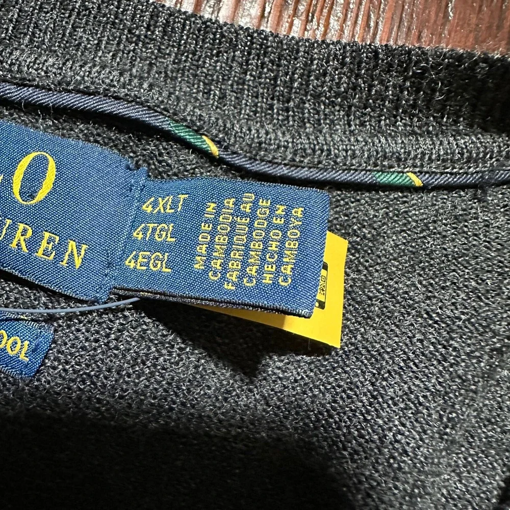 Polo Ralph Lauren Sweater Mens‎ 4XLT Gray 100% Merino Wool Knit V Neck Pony